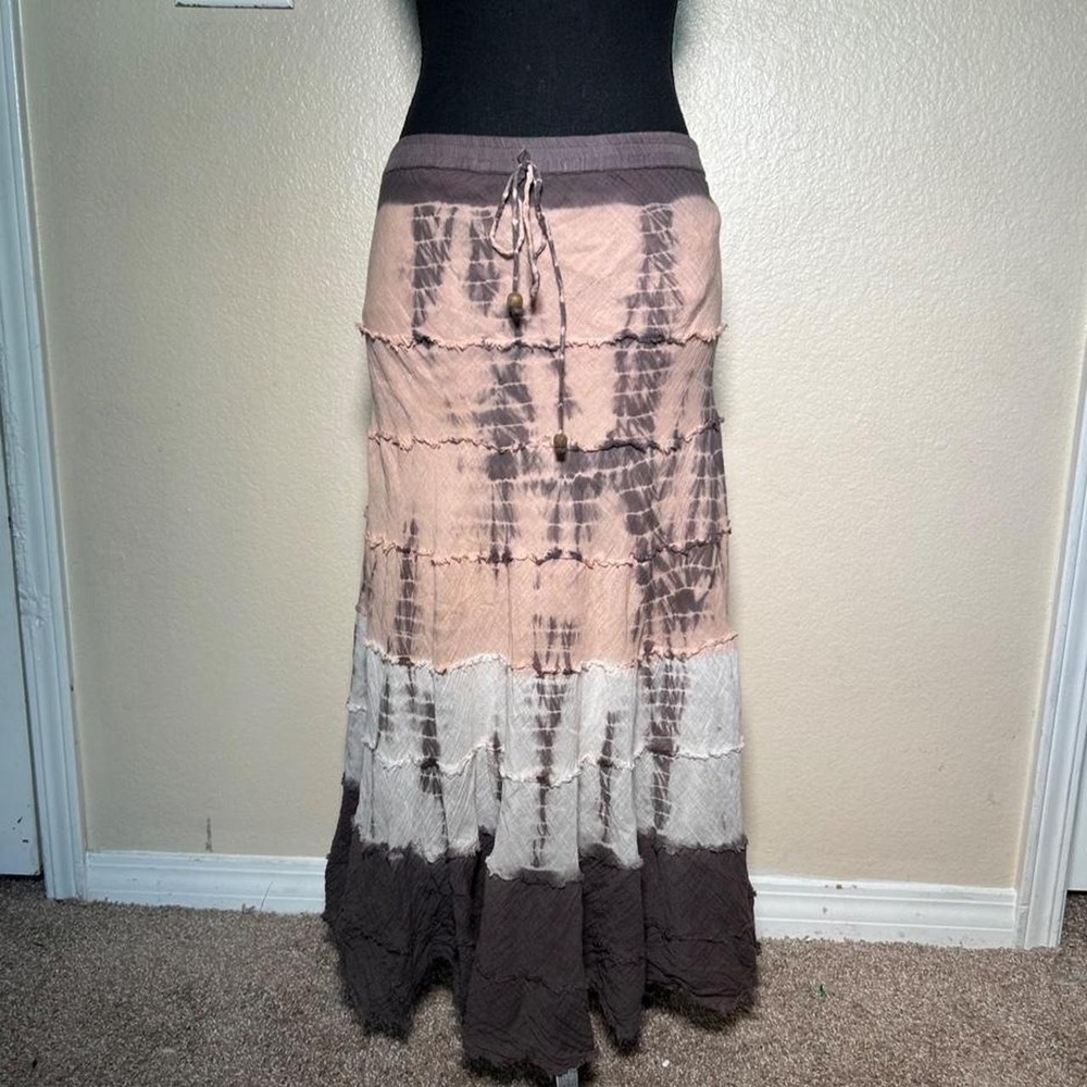 Metrowear Y2K Brown Tie Dye Maxi Skirt Boho Hippie Tiered Ruffle Large